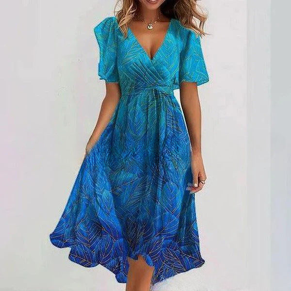 Flowers Printed V-neck Dress A-line Short-sleeved Dresses For Women
