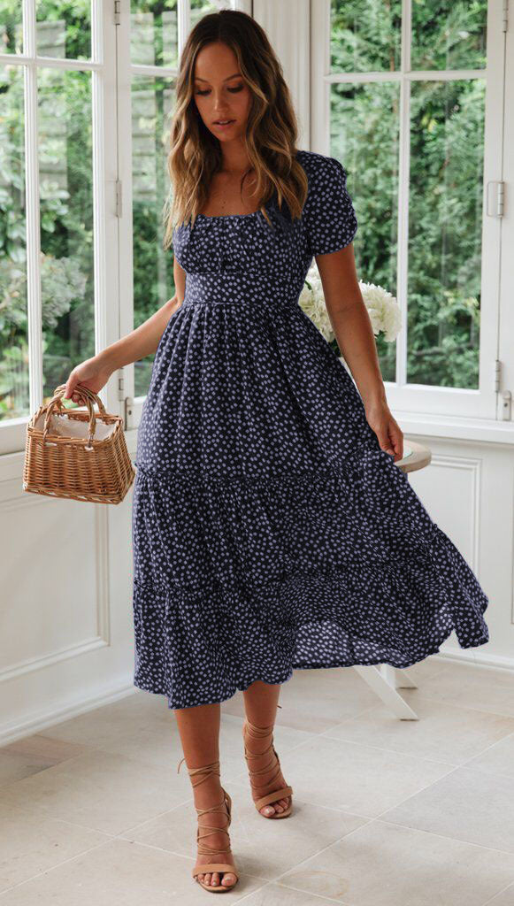 Square Collar Short Sleeve Dress Puff Floral Printed Dress Long Dresses