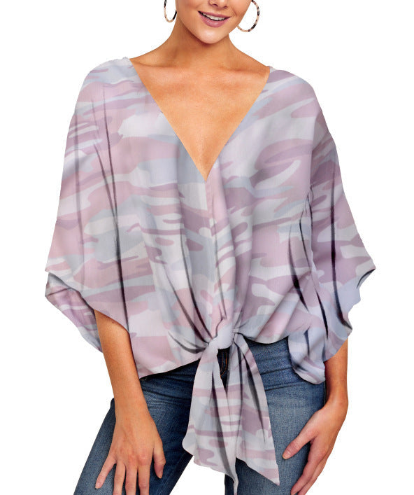 V Neck Blouse Leopard Print Shirts Floral Tie Front Blouses Batwing Oversize Ladies Tops