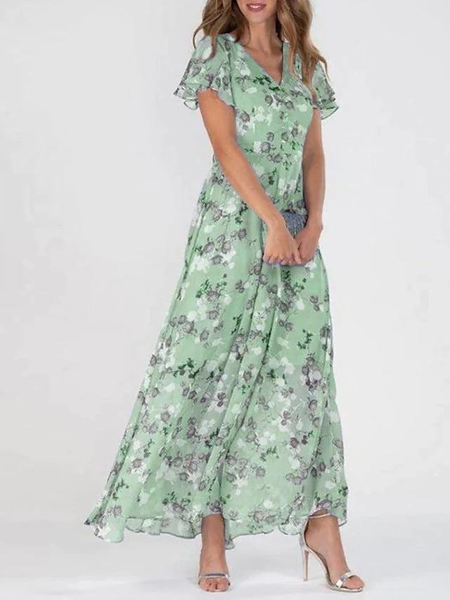 Flowers Print Short Sleeve Dress Ruffle Beach Dresses Clothing