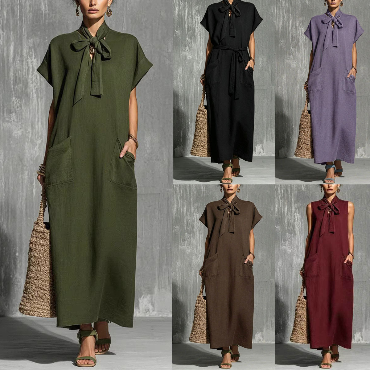 V-neck Lace-up Short-sleeve Solid-color Loose Casual Dress