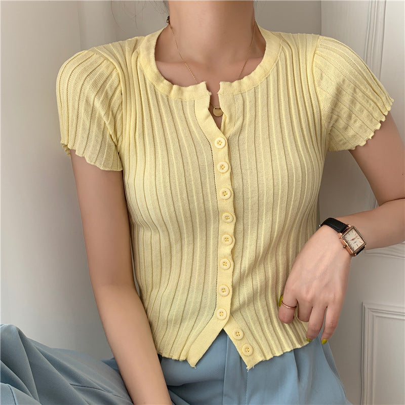 Style High Waist Cropped Short Slim Top Short Sleeve Knitted Cardigan