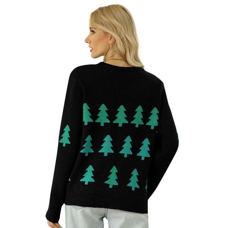 Jacquard Christmas Tree Long Sleeve Red Christmas Sweater