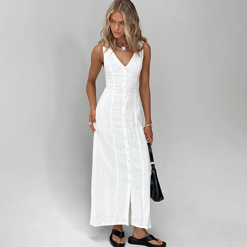 Commuter White Waisted Temperament Straight Split V-neck Cotton And Linen Dress