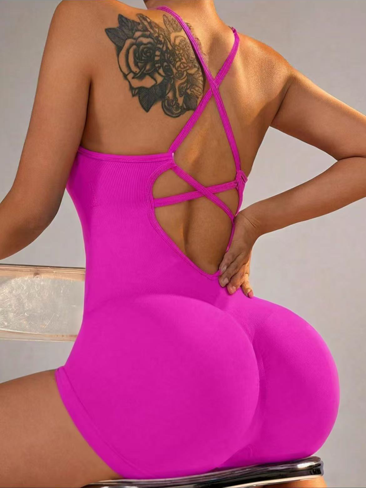 Adjustable Strap Sleeveless Solid Color Cross Backless Thickened Sports Bodysuit