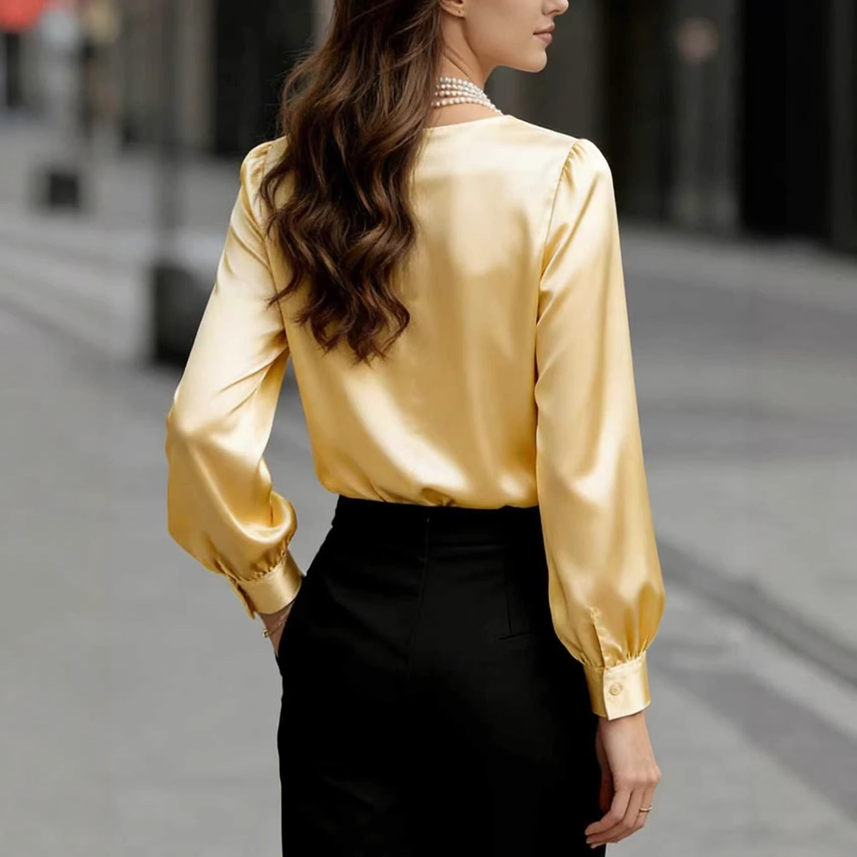 Elegant Solid Color V-neck Long Sleeved Pleated Top With Temperament For Commuting And Loose Fitting Shirt