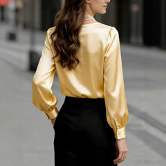 Elegant Solid Color V-neck Long Sleeved Pleated Top With Temperament For Commuting And Loose Fitting Shirt