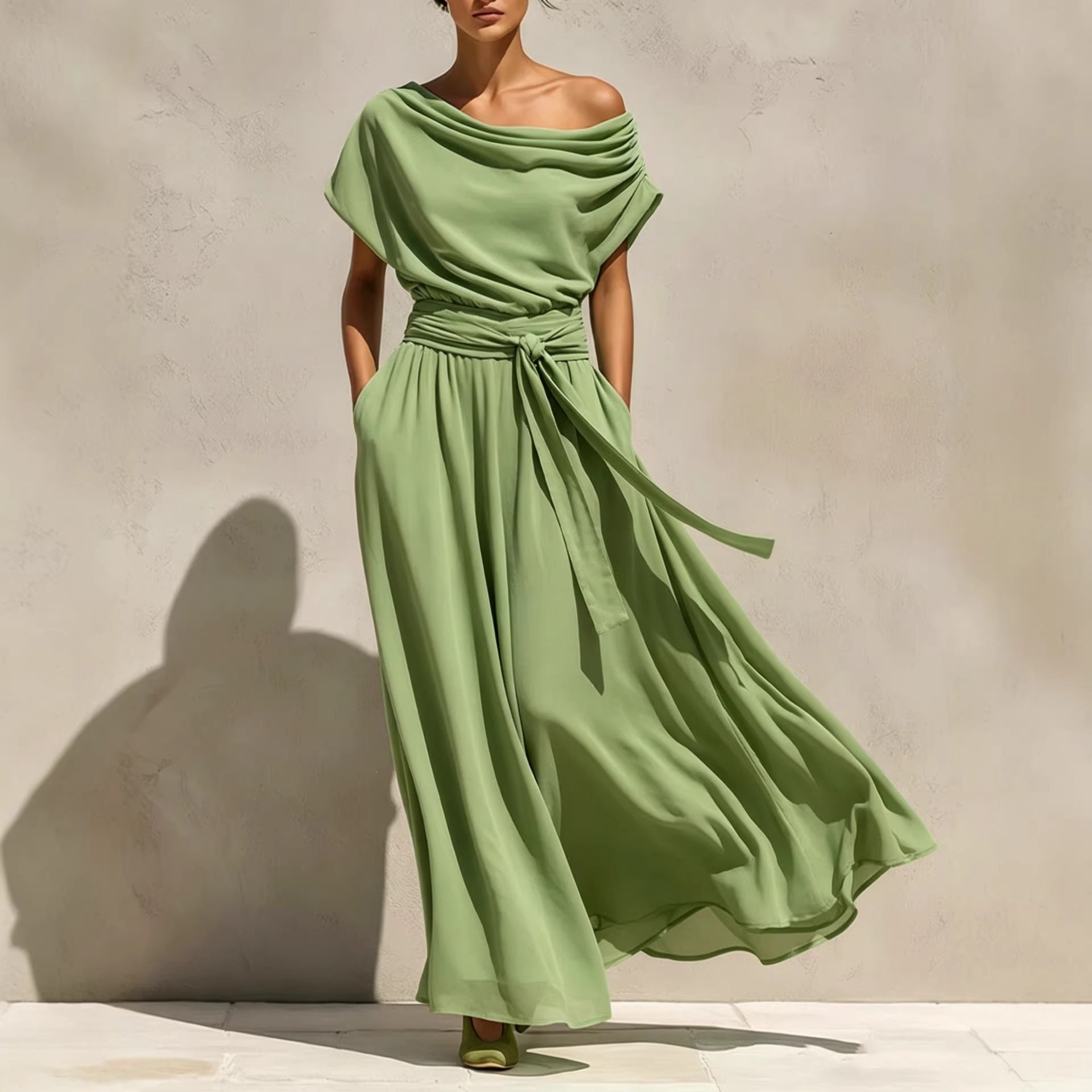 Short-sleeve Pleated Chiffon Waist-cinching Dress