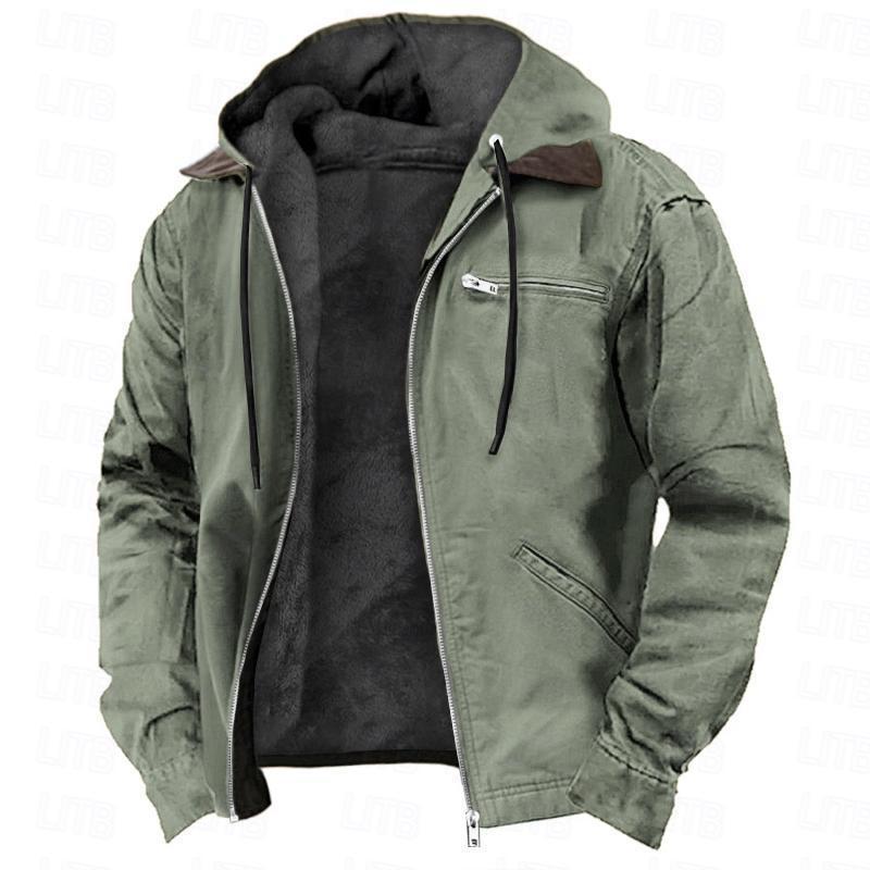 Hooded Coat With Pockets Warm Fleece Zip-up Jacket Casual Outwear Men's Clothing