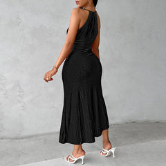 Halter Neck Ruched Bodycon Midi Dresses Elegant Sleeveless Cocktail Party Dress