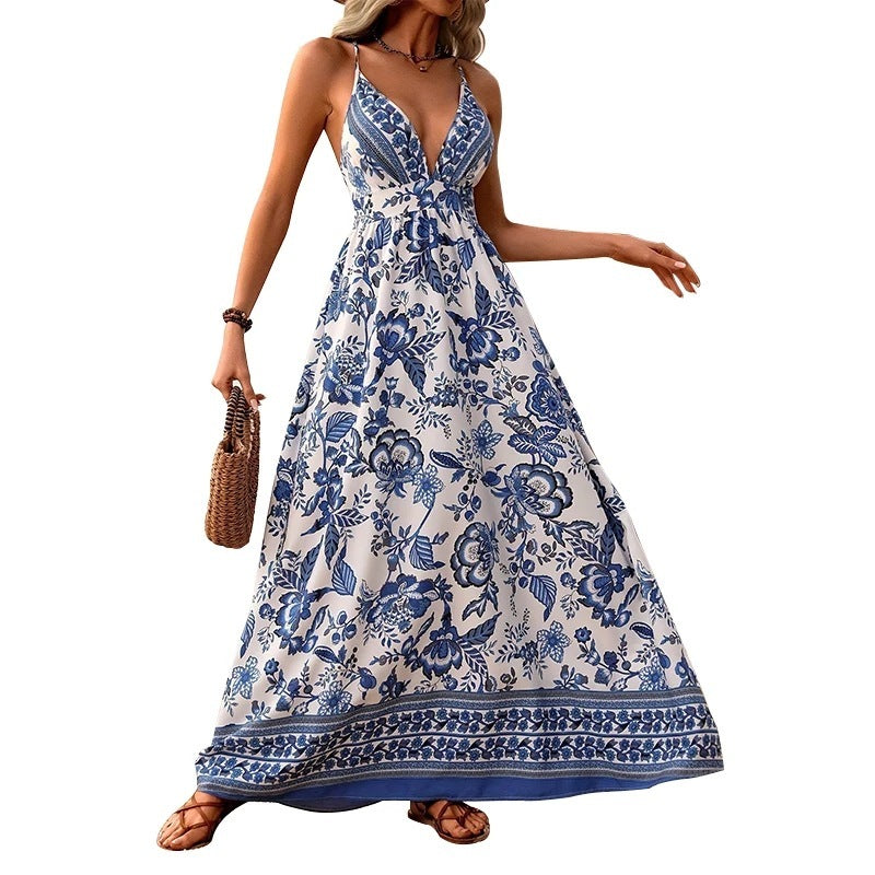 V-Neck Strappy Floral Print Backless Maxi Dress, A-Line Vacation Dress