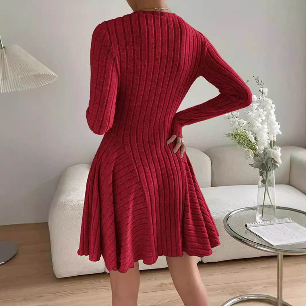 French Knitted Long-sleeved Dress Short Skirt