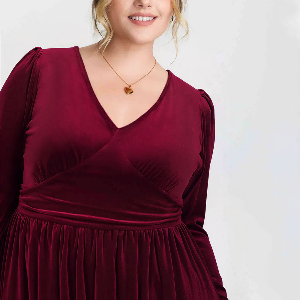 V-neck Pleated High-waist Plus-size Midi Dress