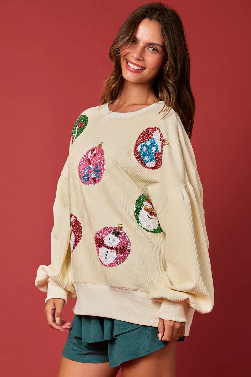 Christmas Egg Sequined Long Sleeve Loose Sweatshirt Top