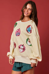 Christmas Egg Sequined Long Sleeve Loose Sweatshirt Top