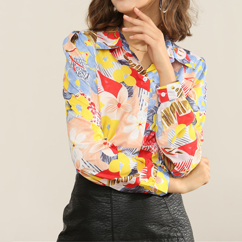 Casual Flower Print Long-sleeved Chiffon Shirt For Women