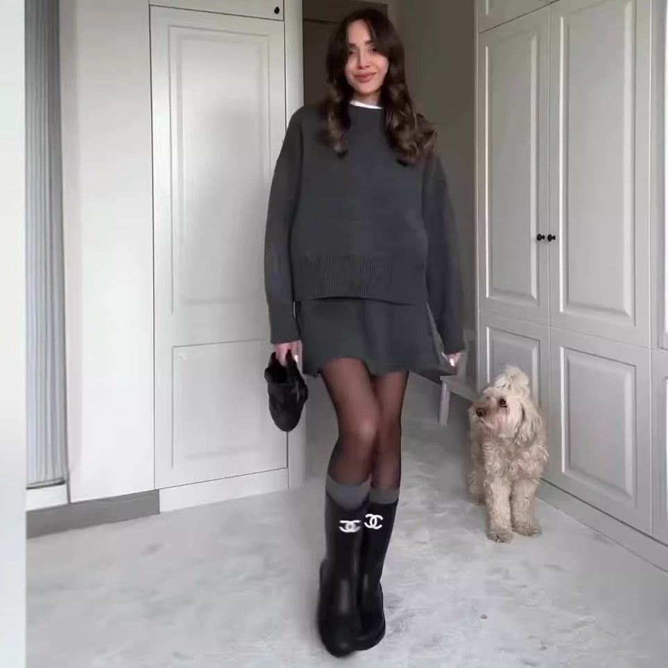 Sweater Skirt Sets For 2 Pieces Knit Casual Versatile Long Sleeve Pullover Elegant Solid High Waist Mini Skirt Outfit