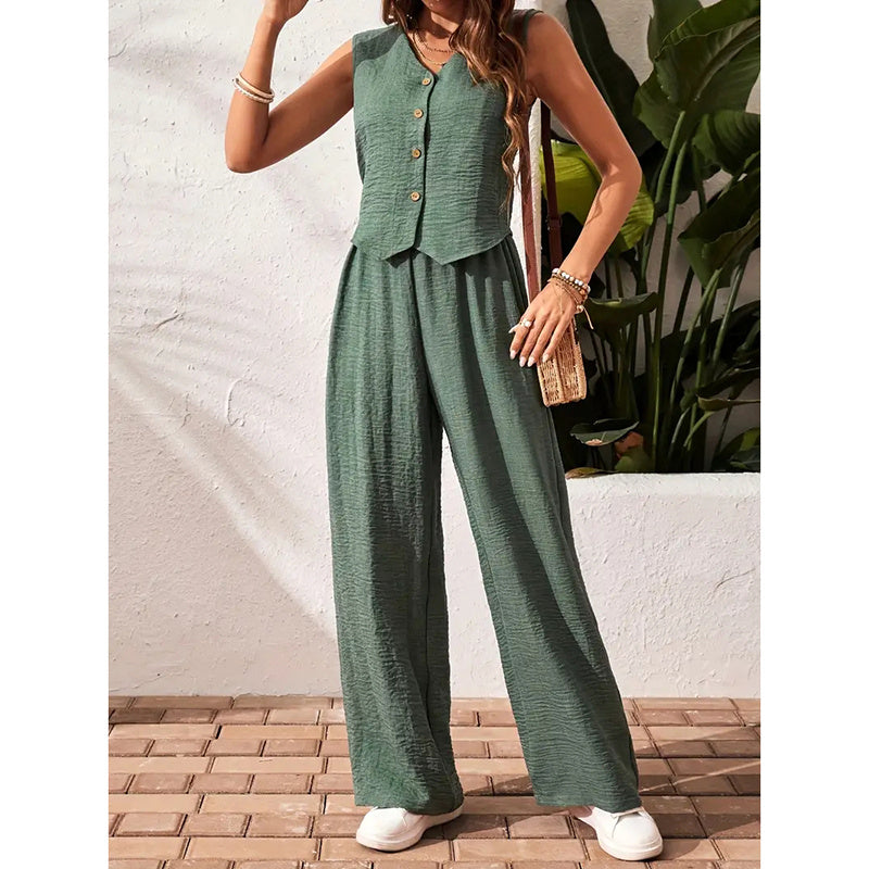 Womens Two Piece Outfits Button V Neck Crop Vest Blazer And Wide Leg Pants Suit Matching Sets