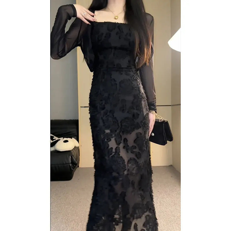 Elegant Black Lace Sling Dress