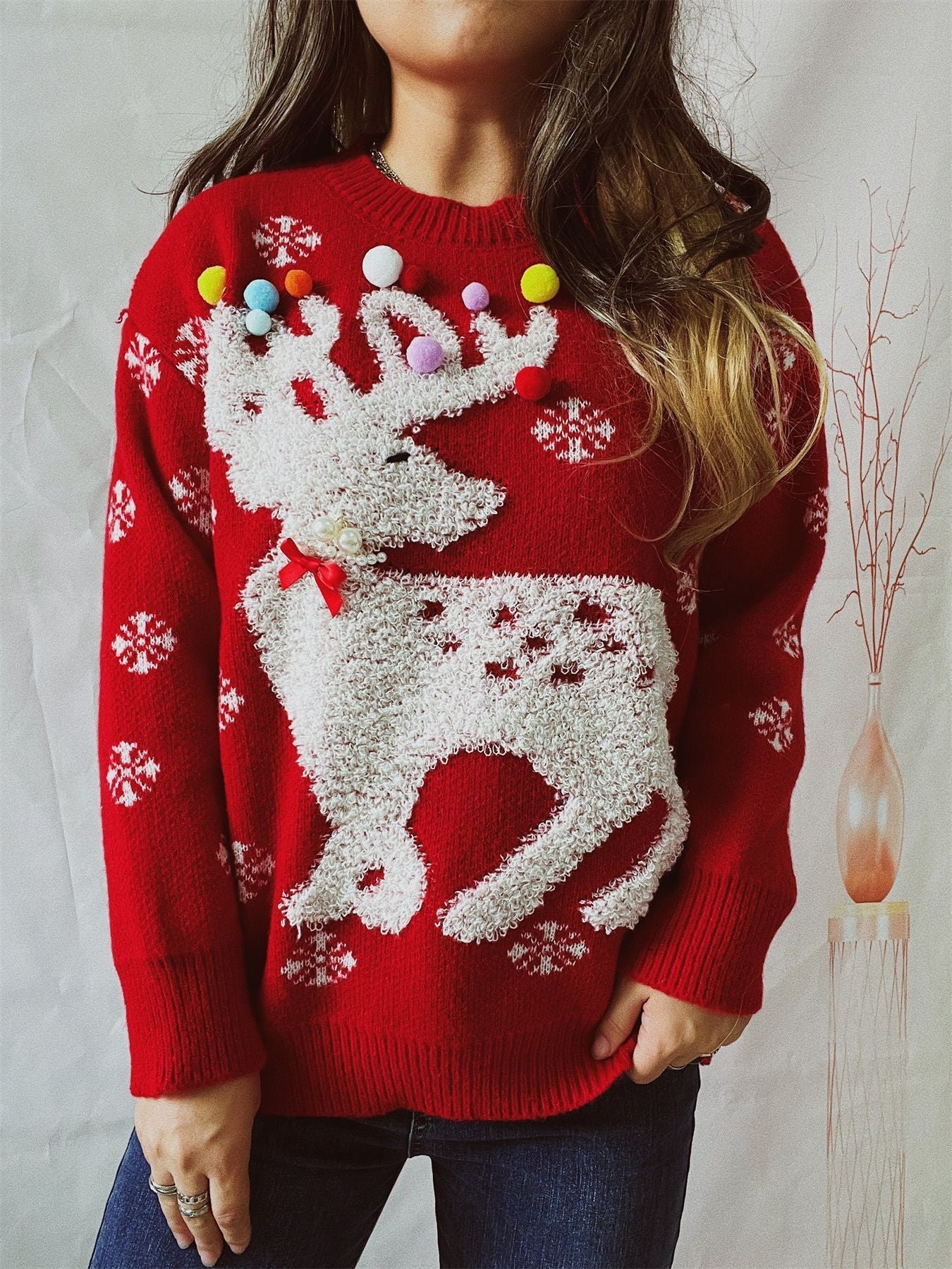 Elk Flocking Jacquard Handmade Pearl Colorful Ball Decorative Knitted Christmas Sweater