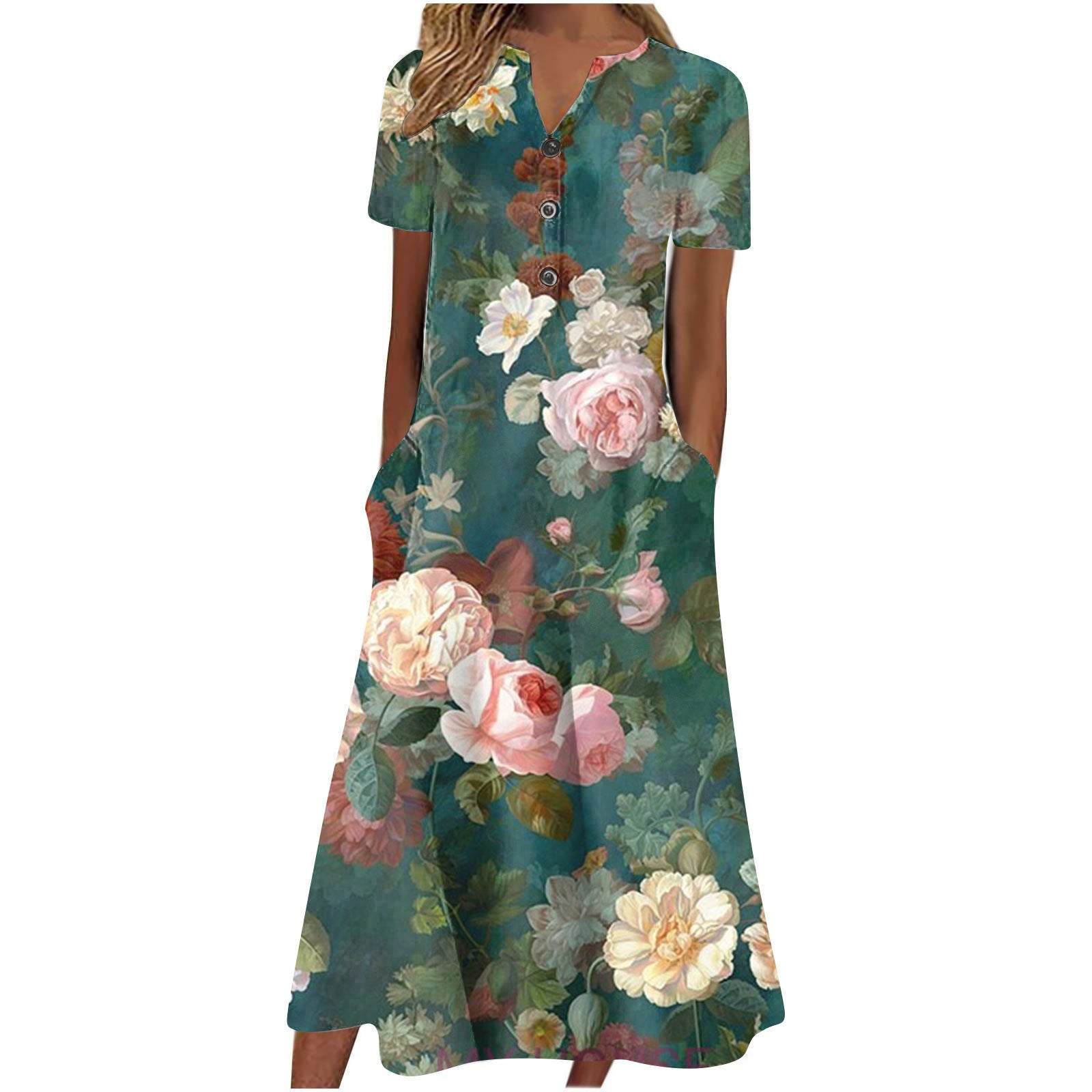 Casual Short Sleeved Long Midi Plain Dresses With Pockets