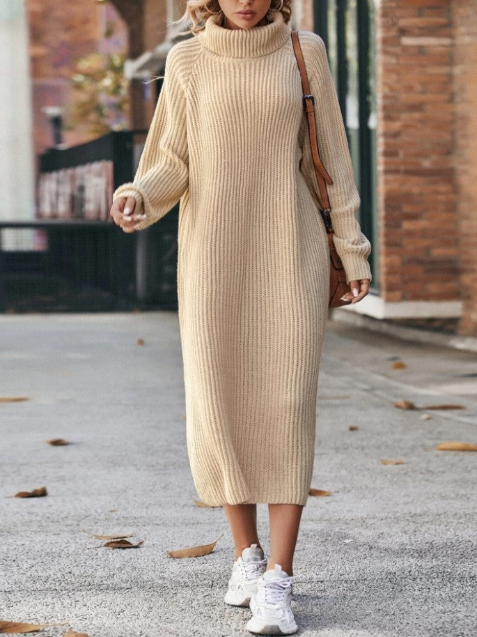 Turtleneck Knitted Sweater Dress Solid Loose Pullover Long Dresses For Clothing