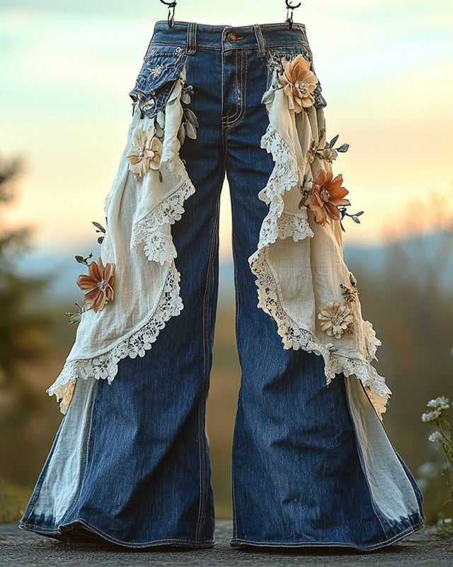 Leisure Retro Print High-Waisted Pants, Comfortable Fake Jeans That Can Slim The Legs