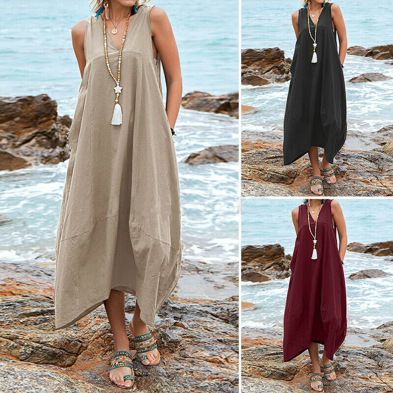 Cotton And Linen V-neck Pocket Casual Dress