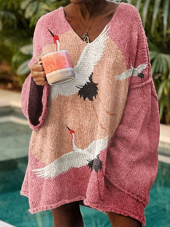 Elegant Digital Printing Casual Loose Sweater Dress