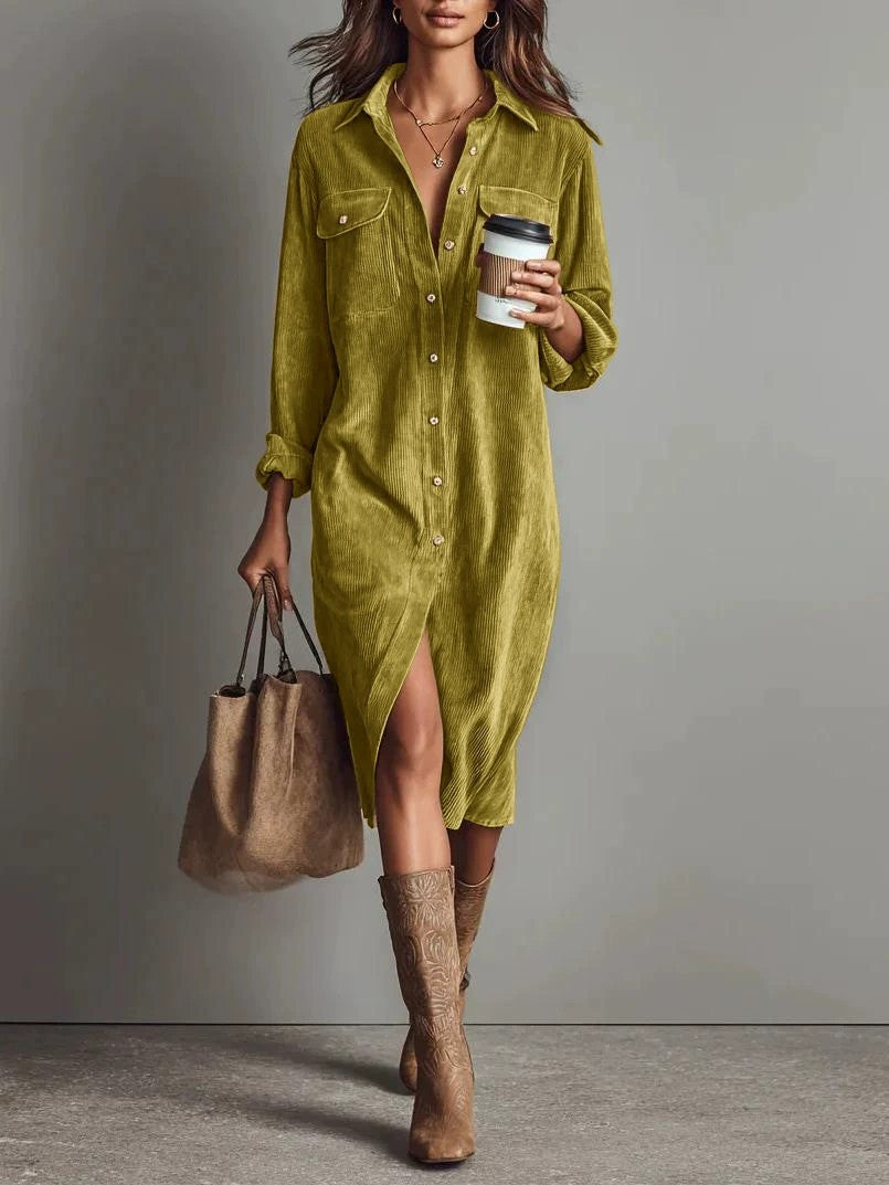 Turn-Down Collar Buttons Chic Casual Dress, Spring Solid Simple Party Dress, Long Sleeve Holiday Ladies Dress
