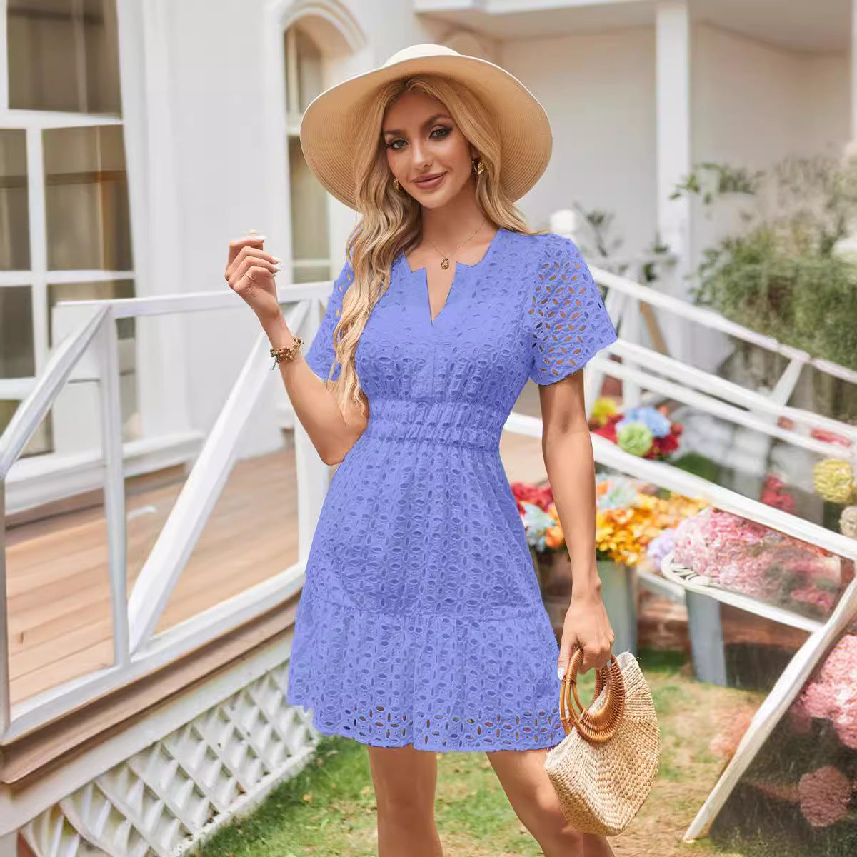 V-neck A- Line Hollow Lace Dress