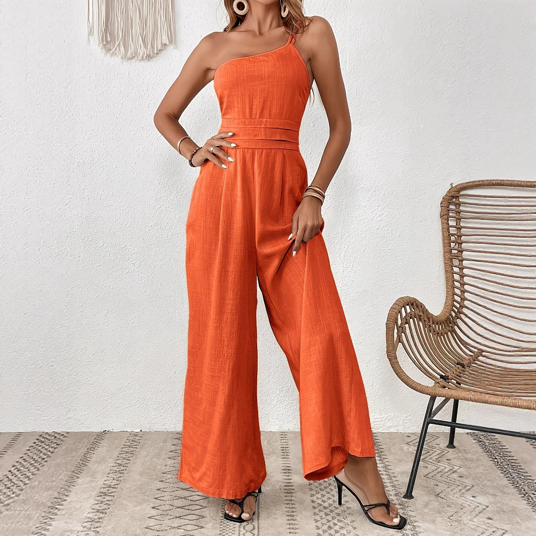 Solid Color Wide-leg Thin One-shoulder Jumpsuit