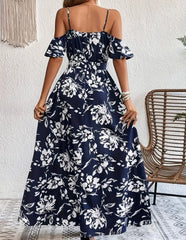 Flower Print Split Suspender Dress With Lace-up Design Long Dresses Beach Clothing For Women