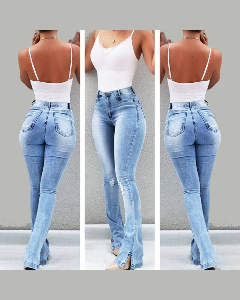 Elastic Slit Flared High Waist Jeans Trousers