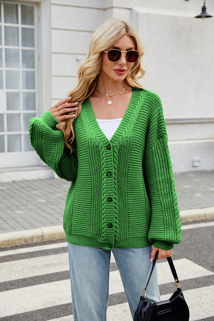 Loose Long-sleeved V-neck Twisted Knitted Sweater Coat