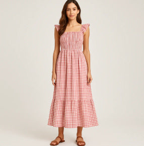 Plaid Print Pleated Ruffle Dress INS Sleeveless A-line Swing Beach Dress Clothing