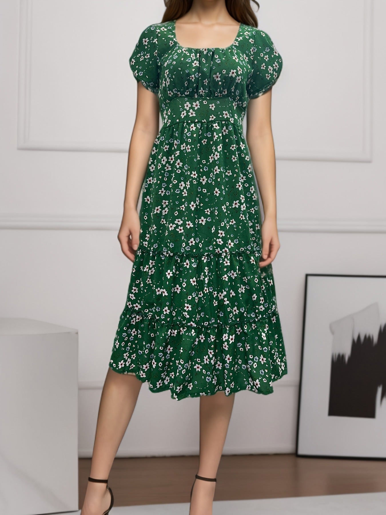 Square Collar Short Sleeve Dress Puff Floral Printed Dress Long Dresses