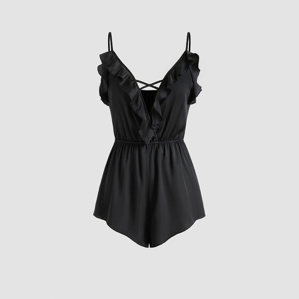 Style Camisole Homewear Jumpsuit Deep V-neck With Ruffles, Comfortable Top For Women