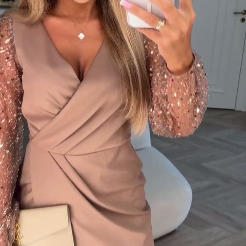 Solid Color Dress V-Neck Bodycon Evening Gown