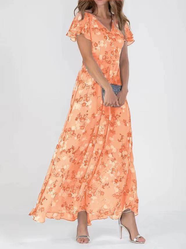 Flowers Print Short Sleeve Dress Ruffle Beach Dresses Clothing