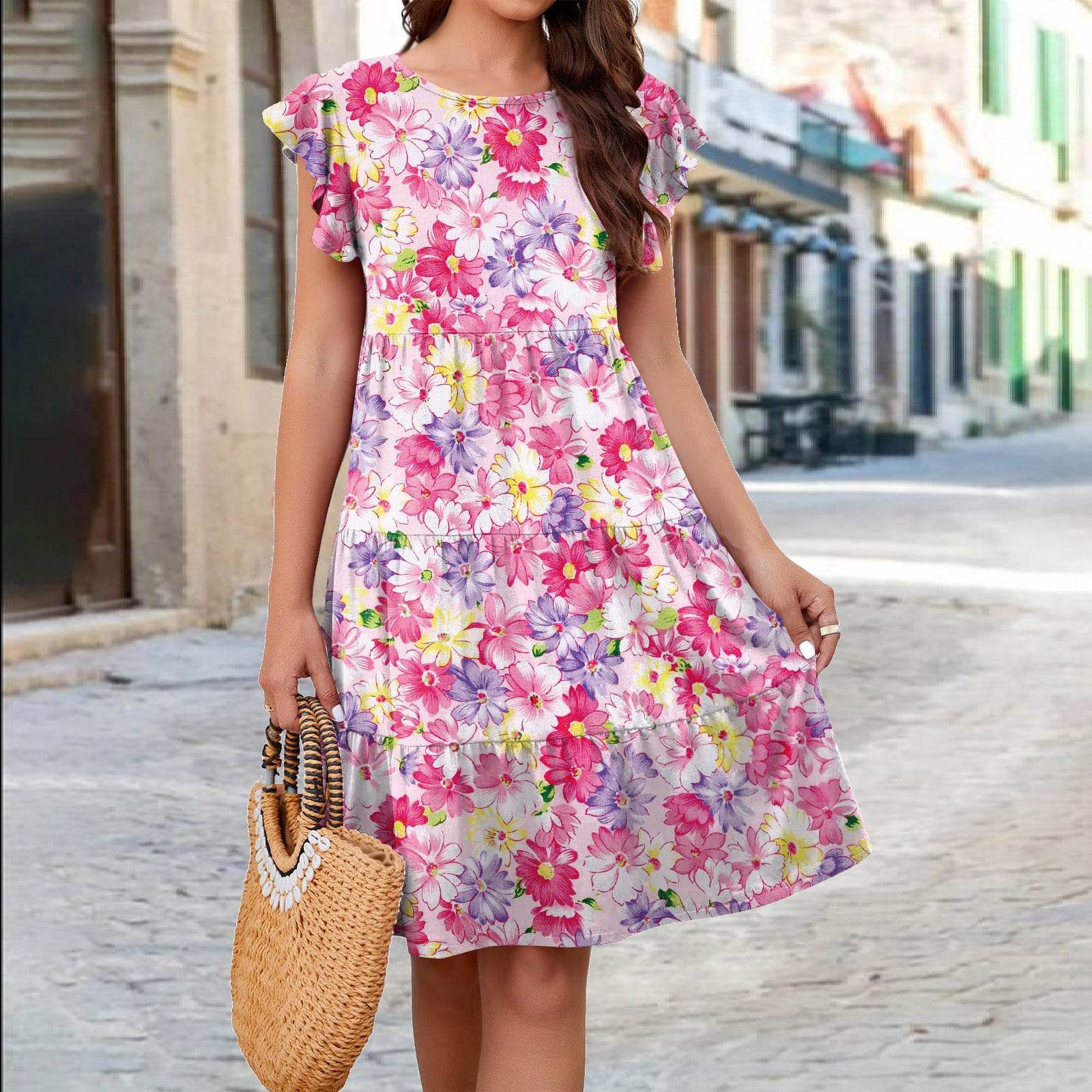 Ruffle Sleeve Dress Loose Flower Print Beach Dresses Sweet Skirt Women
