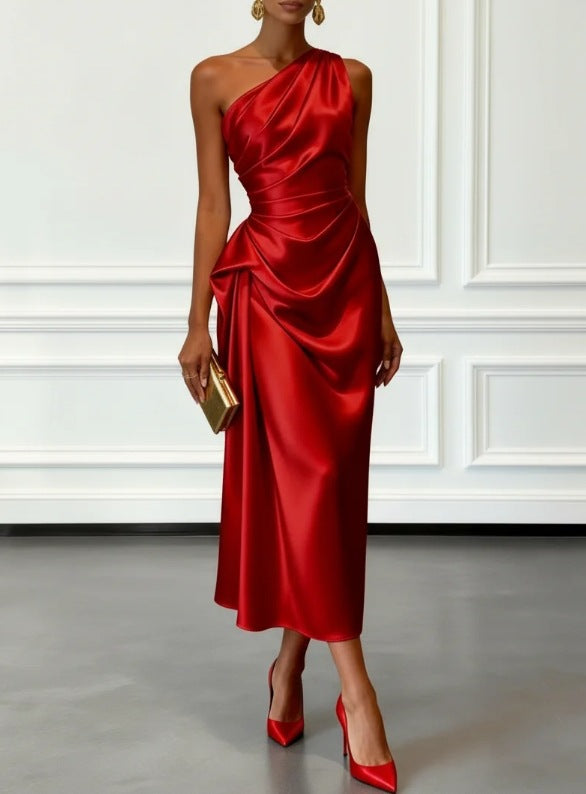 Womens Satin Pleated Waist-cinching Dress
