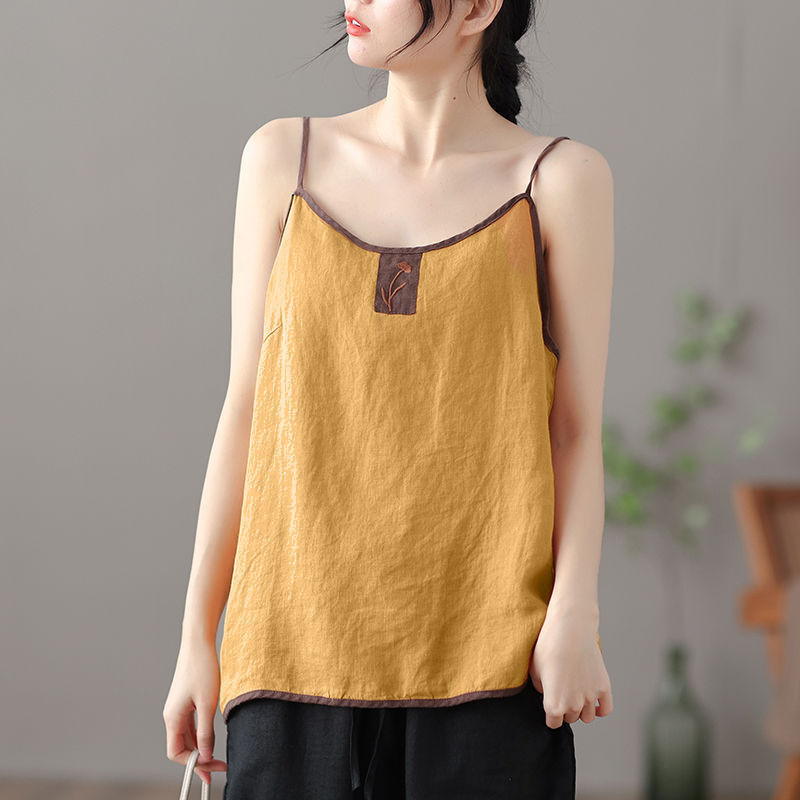 Thin Cotton Linen Top Ladies Embroidered Vest