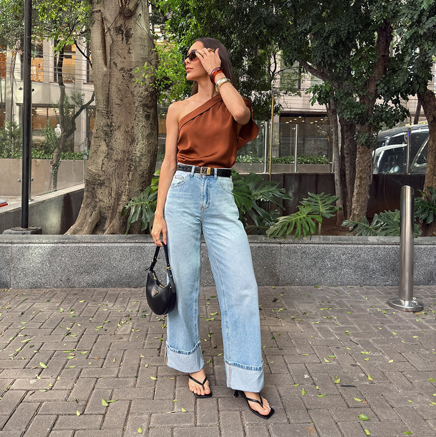 Irregular Collar Matte Color Tops Women