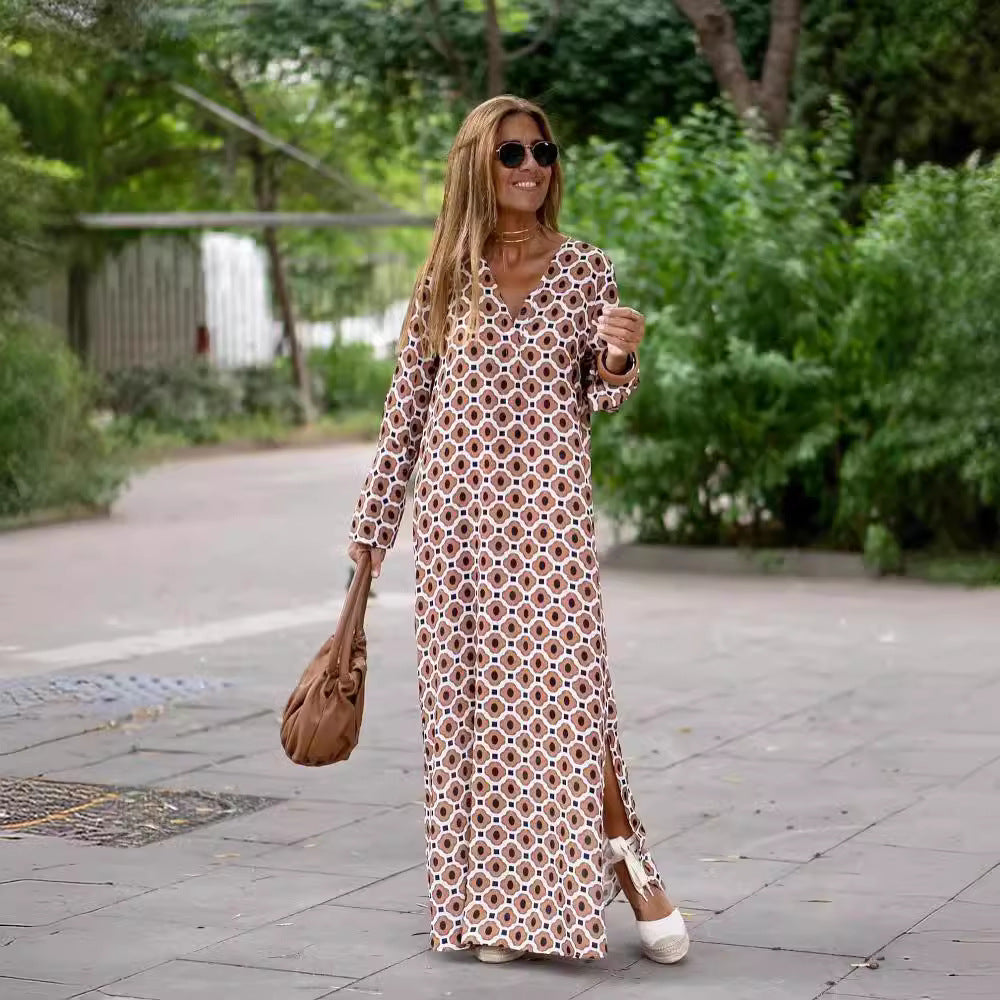 Geometric Printed V-neck Long Dress Long Sleeve Slit Dresses For Women