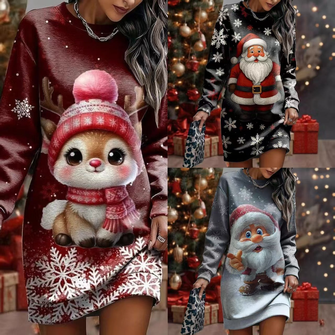 Christmas Print Long Sleeve Dress