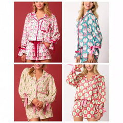2 Pcs Christmas Pajama Set Santa Tree Print Lapel Neck Button-up Long Sleeve Tops Shorts Loungewear Outfit