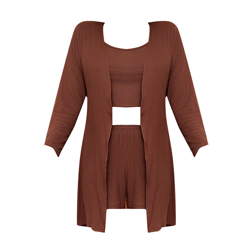 Modal Cotton Ribbed Camisole Nightgown Three-Piece Loungewear Set Pajamas