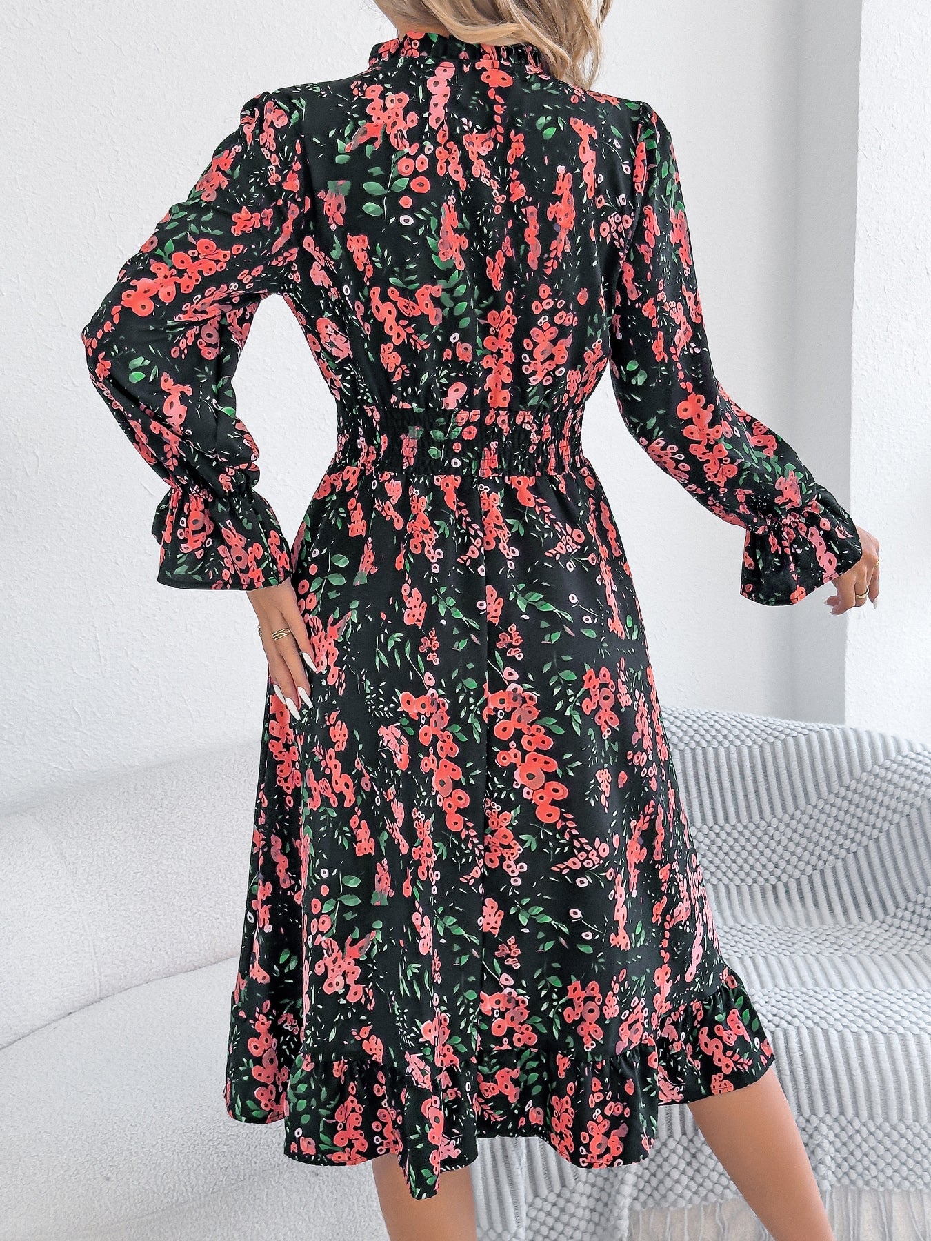 Casual Floral Print Bell Sleeve Tie Waist A-Line Dress