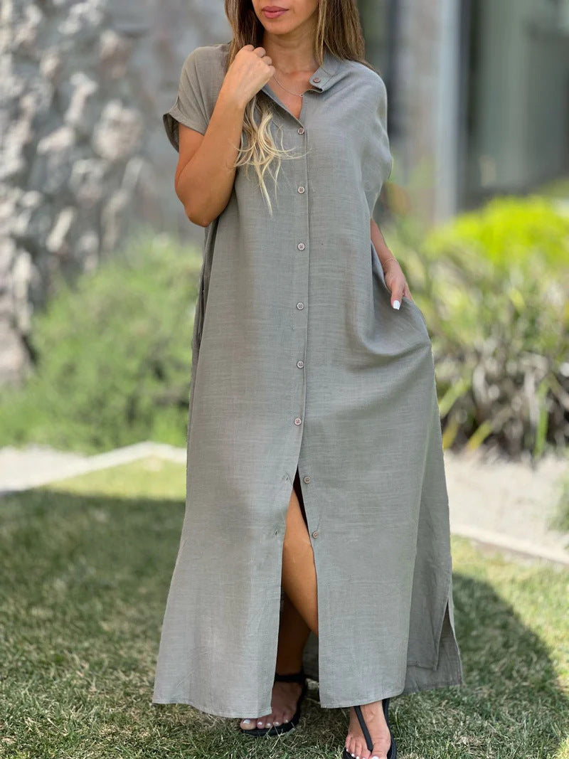 Cotton And Linen Casual Short-sleeved Cardigan Dress